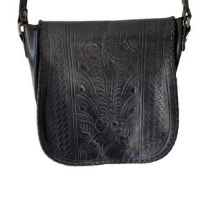 Patricia Nash Black Leather Tooled Crossbody Saddle Bag Western Boho Purse